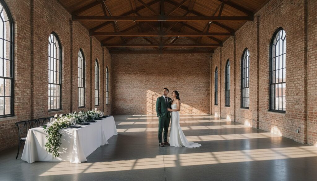 Bride in a white gown and groom in a green suit stand together in a sunlit brick hall with a long, flower-adorned reception table beside them.